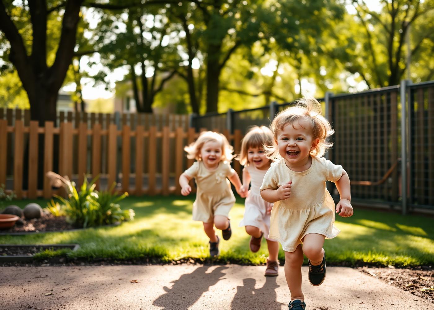 Children running and laughing in the Cyndi's Haven outdoor play area