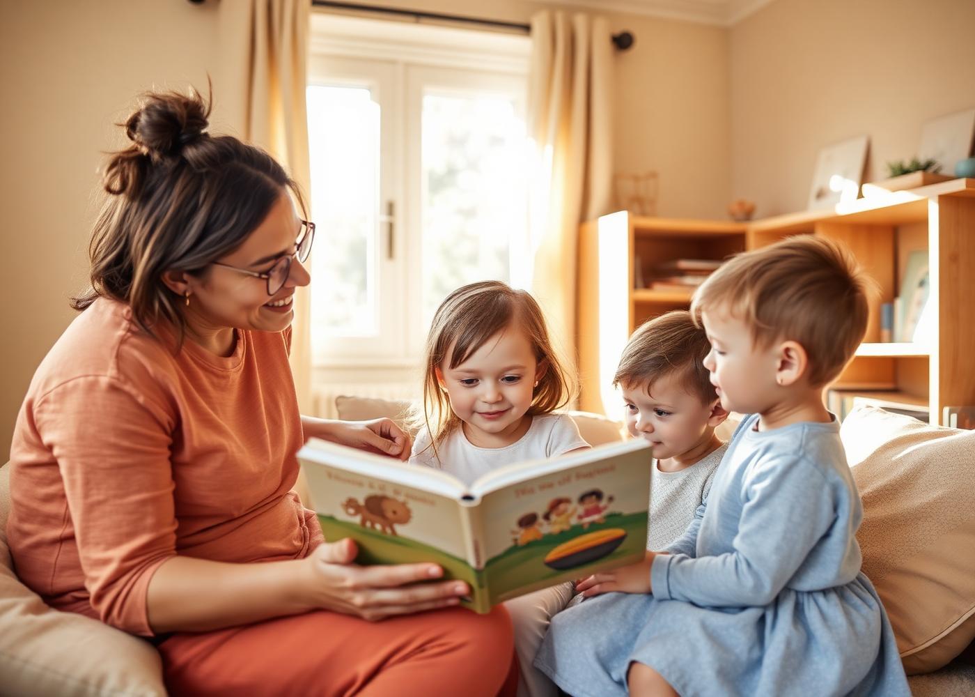 A teacher reading a picture book with two young children in a cozy reading nook